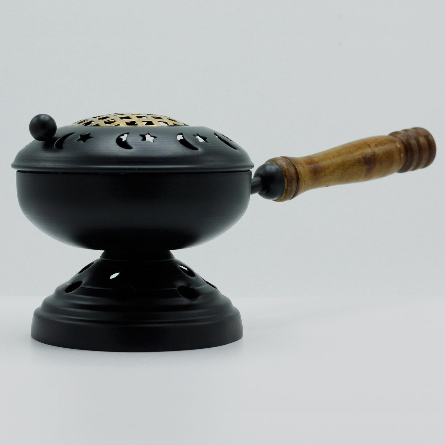 Iron Incense Burner with Wooden Handle – Large Censer with Stand | Handcrafted Star & Moon Design