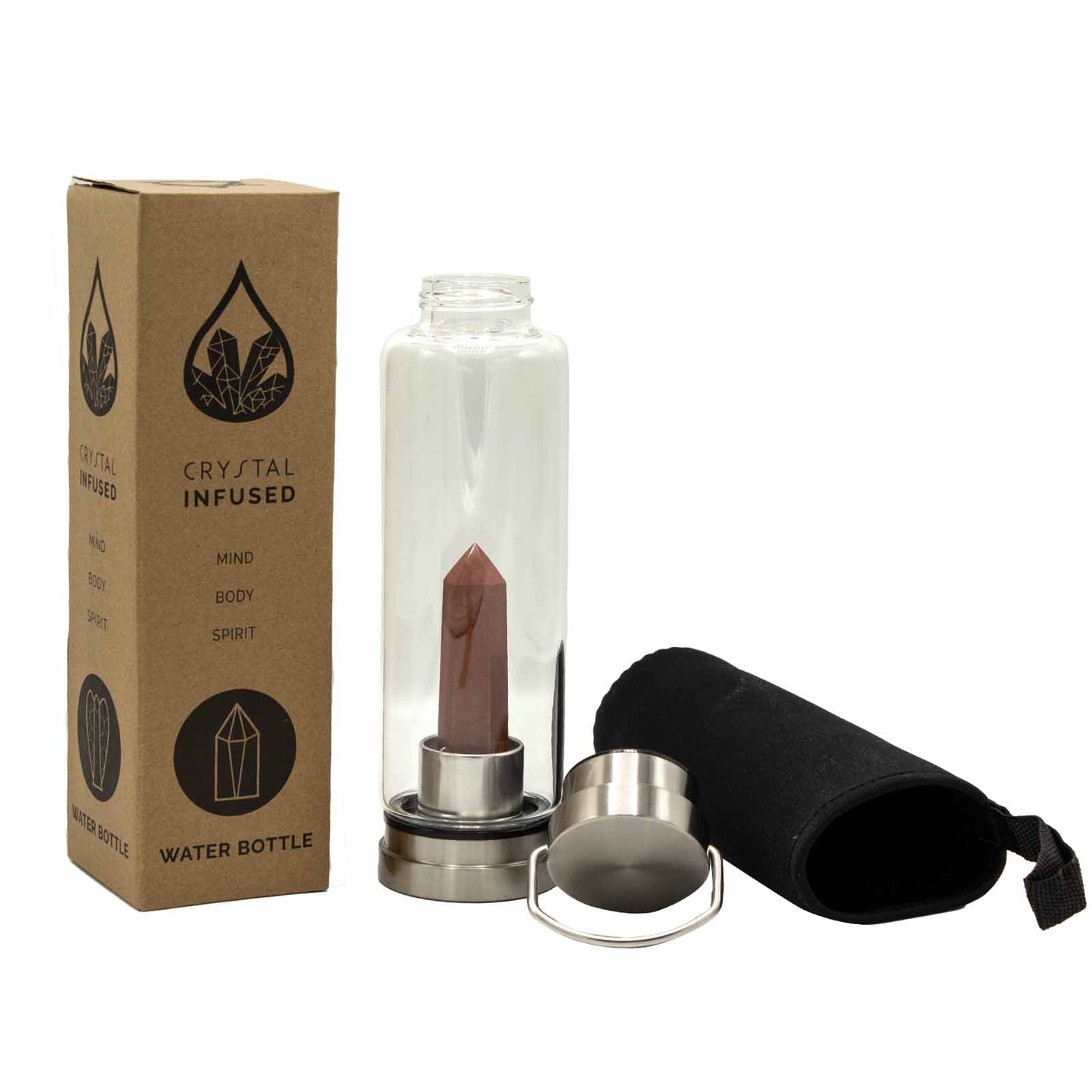 Red Jasper Obelisk Crystal Infused Glass Bottle – 500ml | Stainless Steel Cap & Base