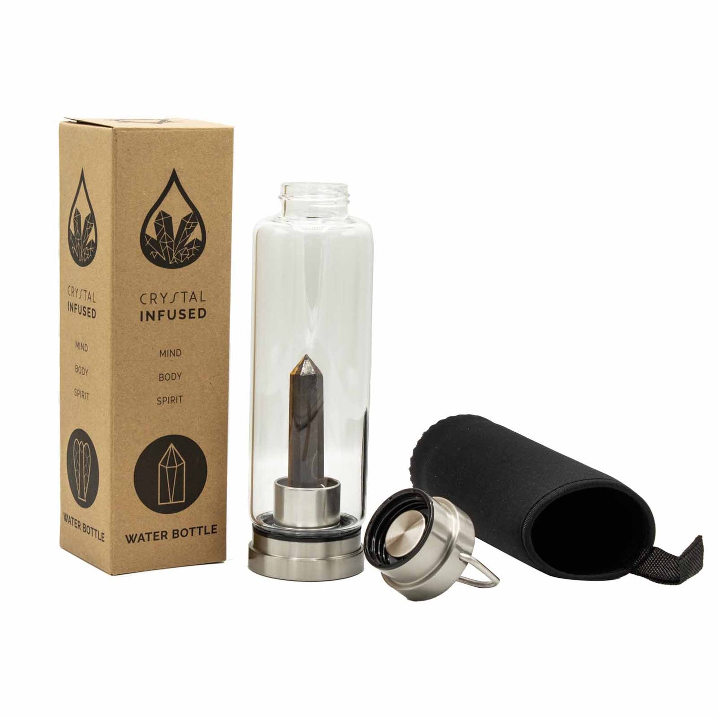 Tiger's Eye Obelisk Crystal Infused Glass Bottle – 500ml | Stainless Steel Cap & Base
