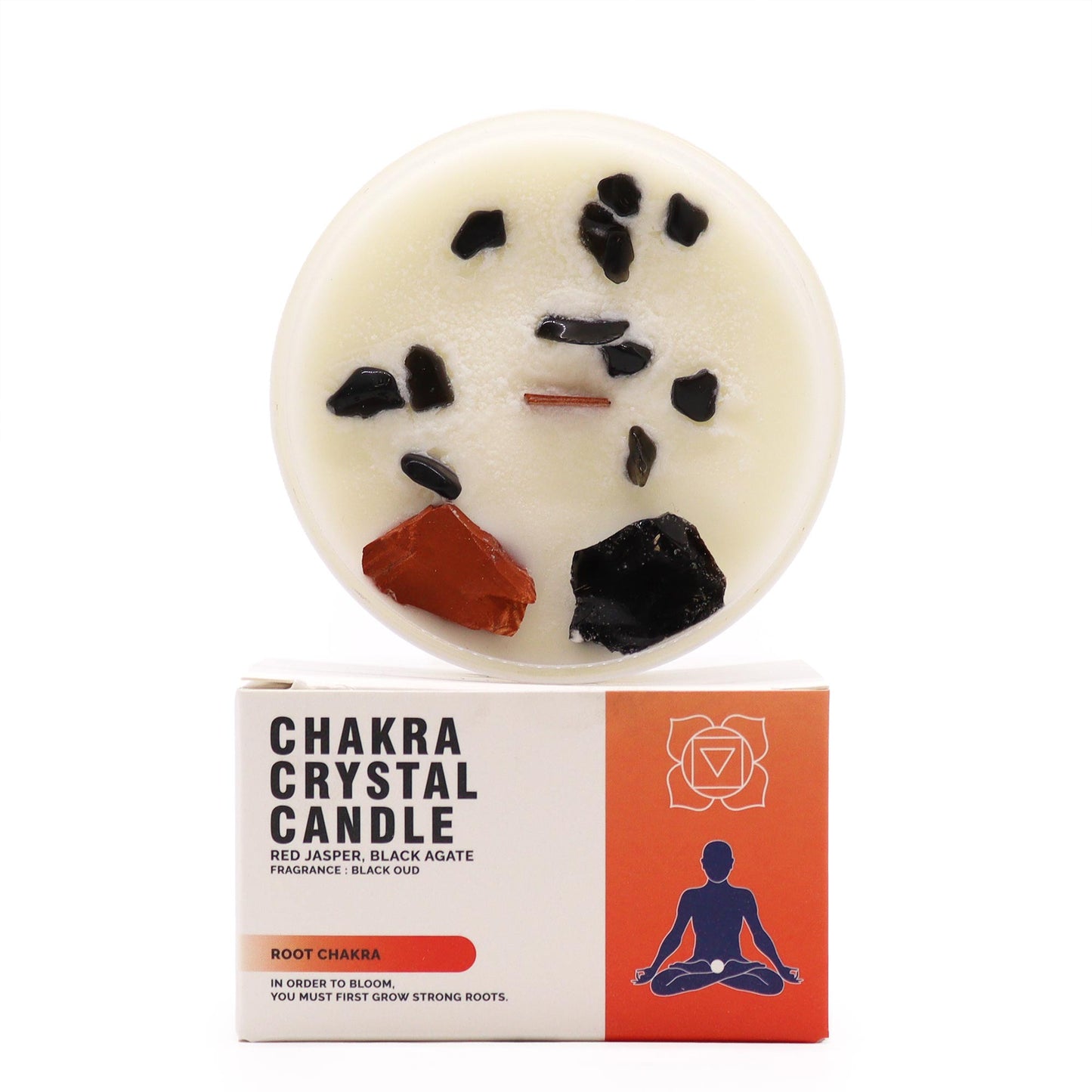 Root Chakra Crystal Candle – 360g | Black Oudh Fragrance with Red Jasper & Black Agate