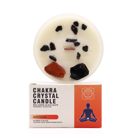 Root Chakra Crystal Candle – 360g | Black Oudh Fragrance with Red Jasper & Black Agate