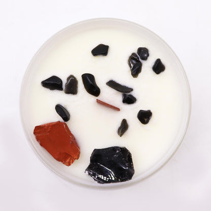 Root Chakra Crystal Candle – 360g | Black Oudh Fragrance with Red Jasper & Black Agate