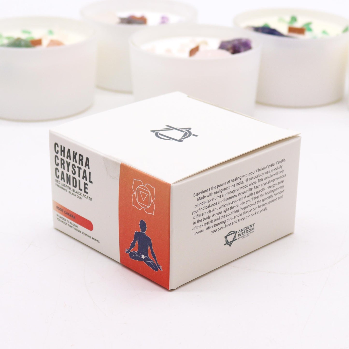 Root Chakra Crystal Candle – 360g | Black Oudh Fragrance with Red Jasper & Black Agate