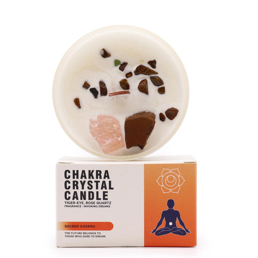 Sacred Chakra Crystal Candle – 360g | Invoking Dreams Fragrance with Tiger Eye & Rose Quartz