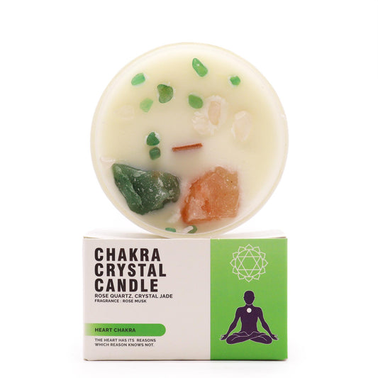 Heart Chakra Crystal Candle – 360g | Rose Musk Fragrance with Rose Quartz & Crystal Jade
