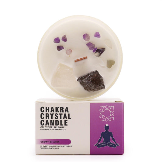 Crown Chakra Crystal Candle – 360g | Ocean Breeze Fragrance with Celestite & Selenite