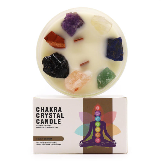 Seven Chakra Large Crystal Candle – 640g | Moon Beams Fragrance with Seven Gemstones