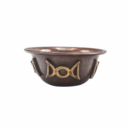 Antique Copper-Tone Ritual Offering Bowl – Triple Moon Design | Vessel for Incense & Ritual Use