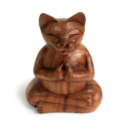 Yoga Cat Incense Burner – Large | Hand-Carved Indonesian Suar Wood