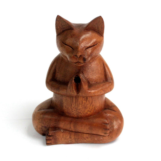Yoga Cat Incense Burner – Medium | Hand-Carved Indonesian Suar Wood
