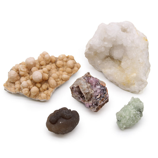 5-Pack Rare Mineral Specimens – Mix 1 | Flower Calcite, Calcite, Cobalt Calcite, Prehnite & Chalcedony