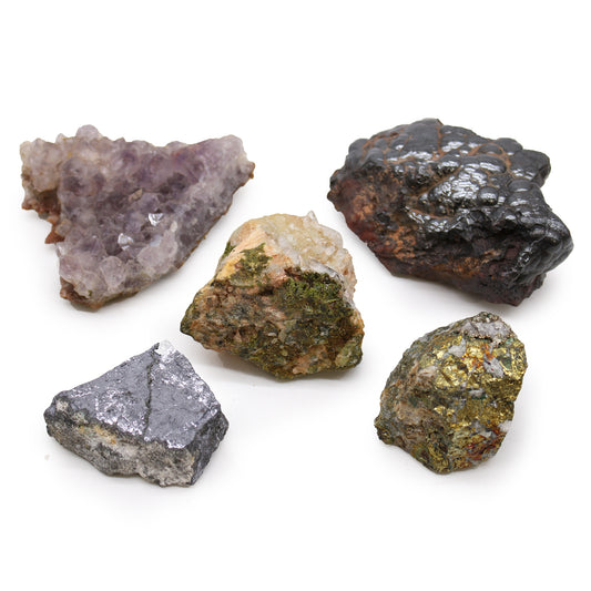 5-Pack Rare Mineral Specimens – Mix 2 | Amethyst, Epidote, Natural Hematite, Galena & Chalcopyrite