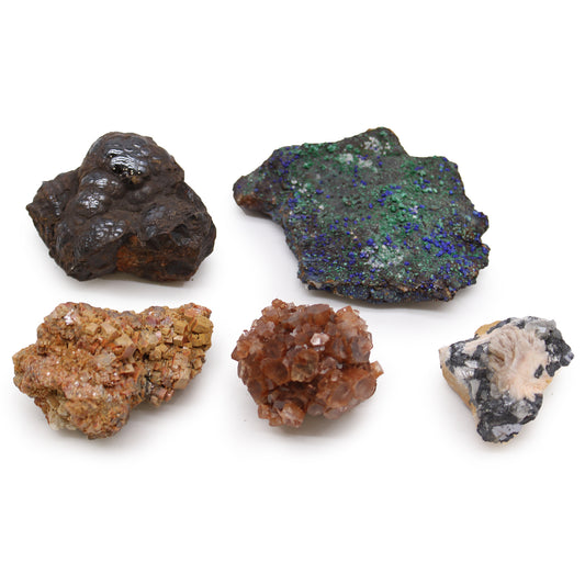 5-Pack Rare Mineral Specimens – Mix 3 | Azurite Malachite, Vanadinite, Aragonite, Barite Sericite + 1 Surprise Mineral