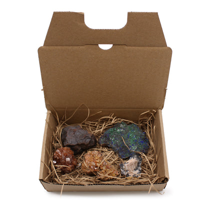 5-Pack Rare Mineral Specimens – Mix 3 | Azurite Malachite, Vanadinite, Aragonite, Barite Sericite + 1 Surprise Mineral