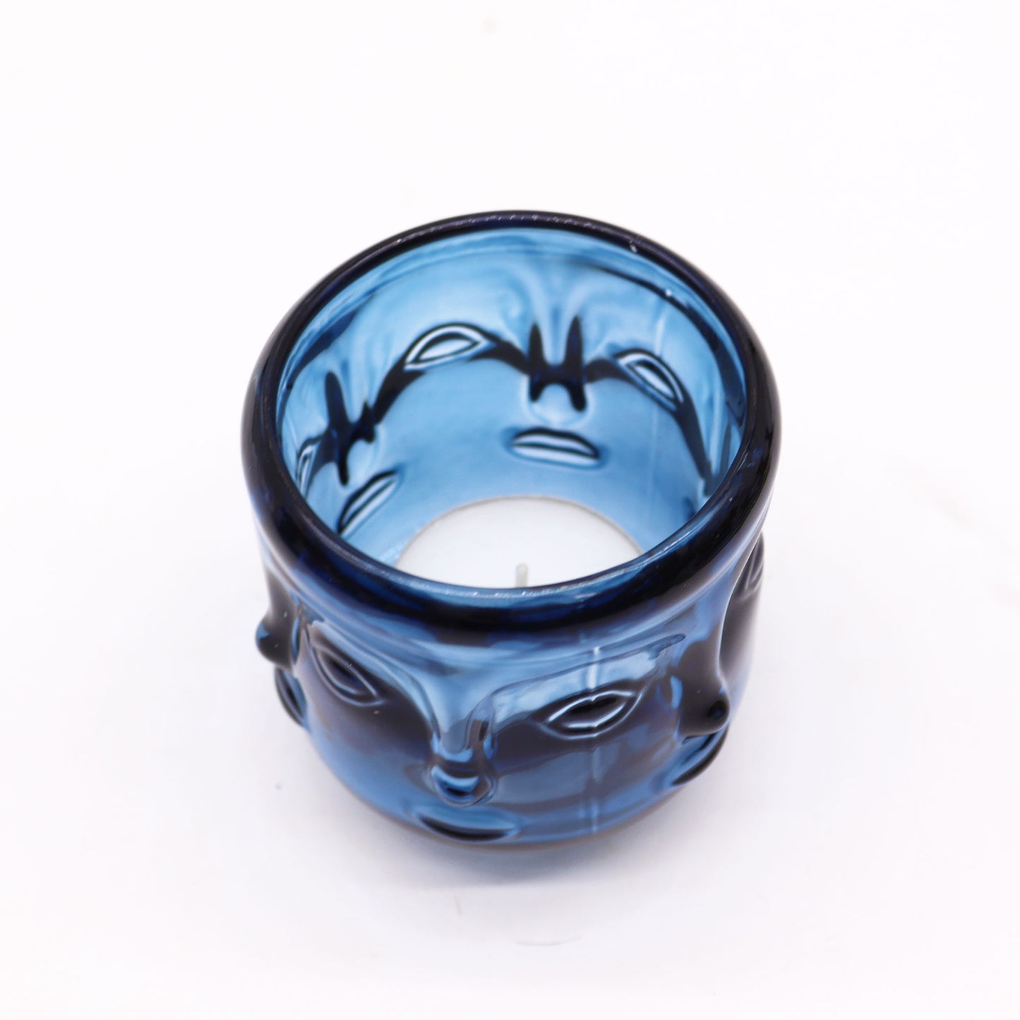 Buddha Face Pressed Glass Candle Holder – Royal Blue | Fits Tea Lights