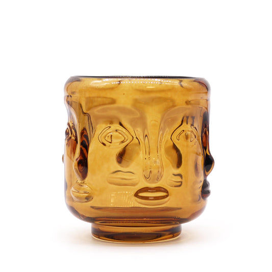 Buddha Face Pressed Glass Candle Holder – Antique Amber | Fits Tea Lights