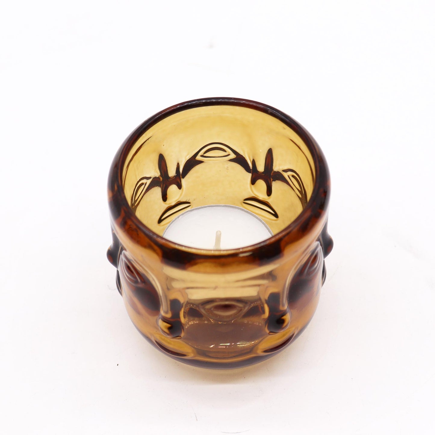 Buddha Face Pressed Glass Candle Holder – Antique Amber | Fits Tea Lights