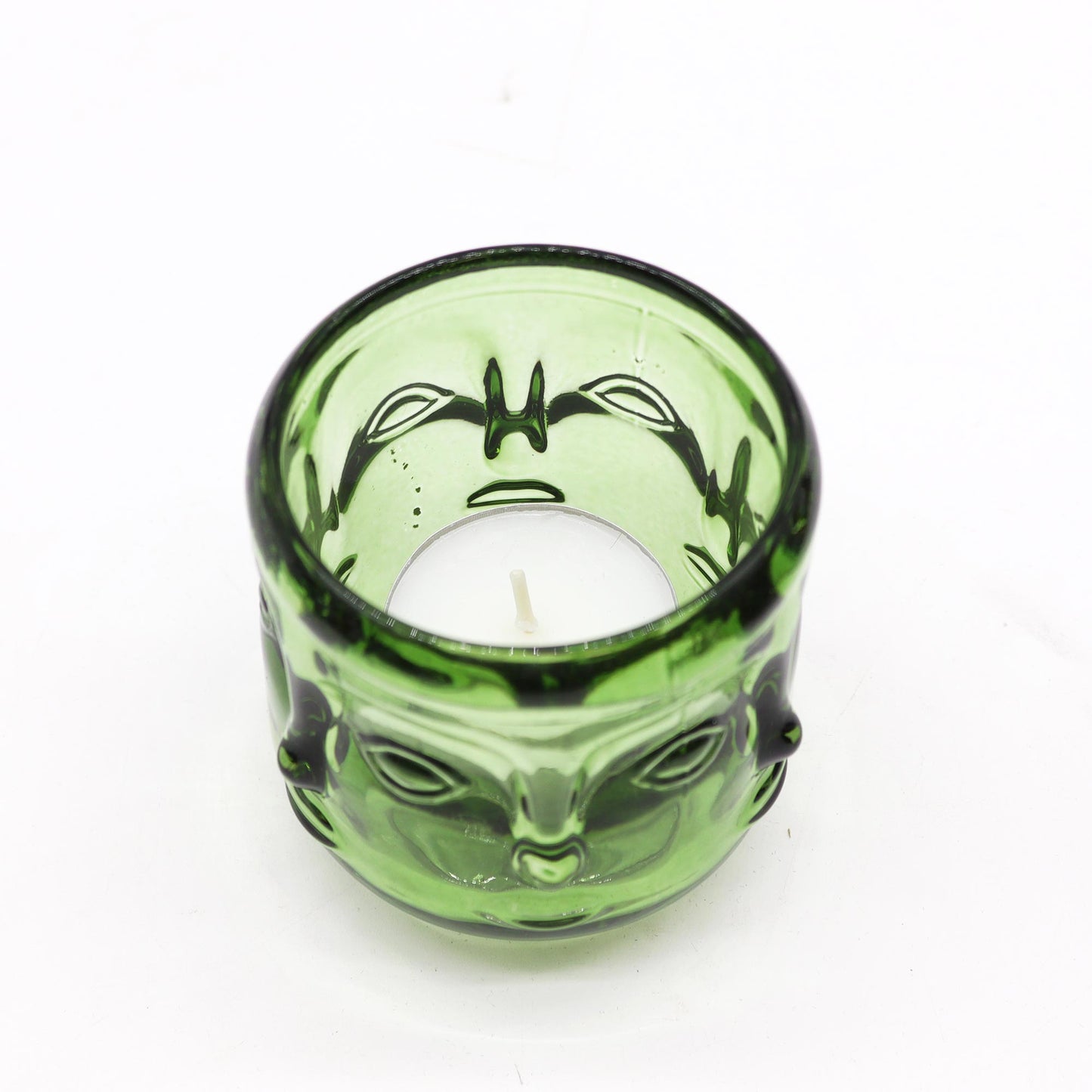 Buddha Face Pressed Glass Candle Holder – Jade Green | Fits Tea Lights