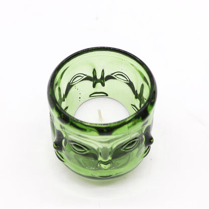 Buddha Face Pressed Glass Candle Holder – Jade Green | Fits Tea Lights