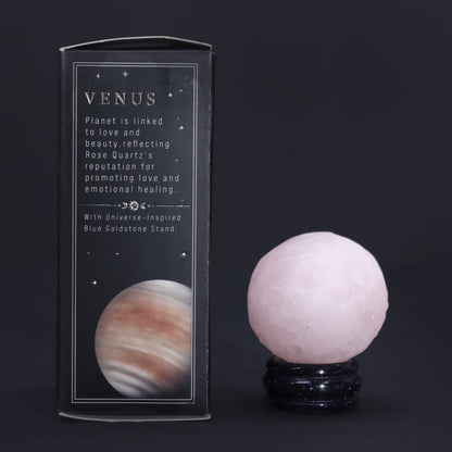 Gemstone Planet Sphere on Solar Goldstone Stand – Venus | Rose Quartz