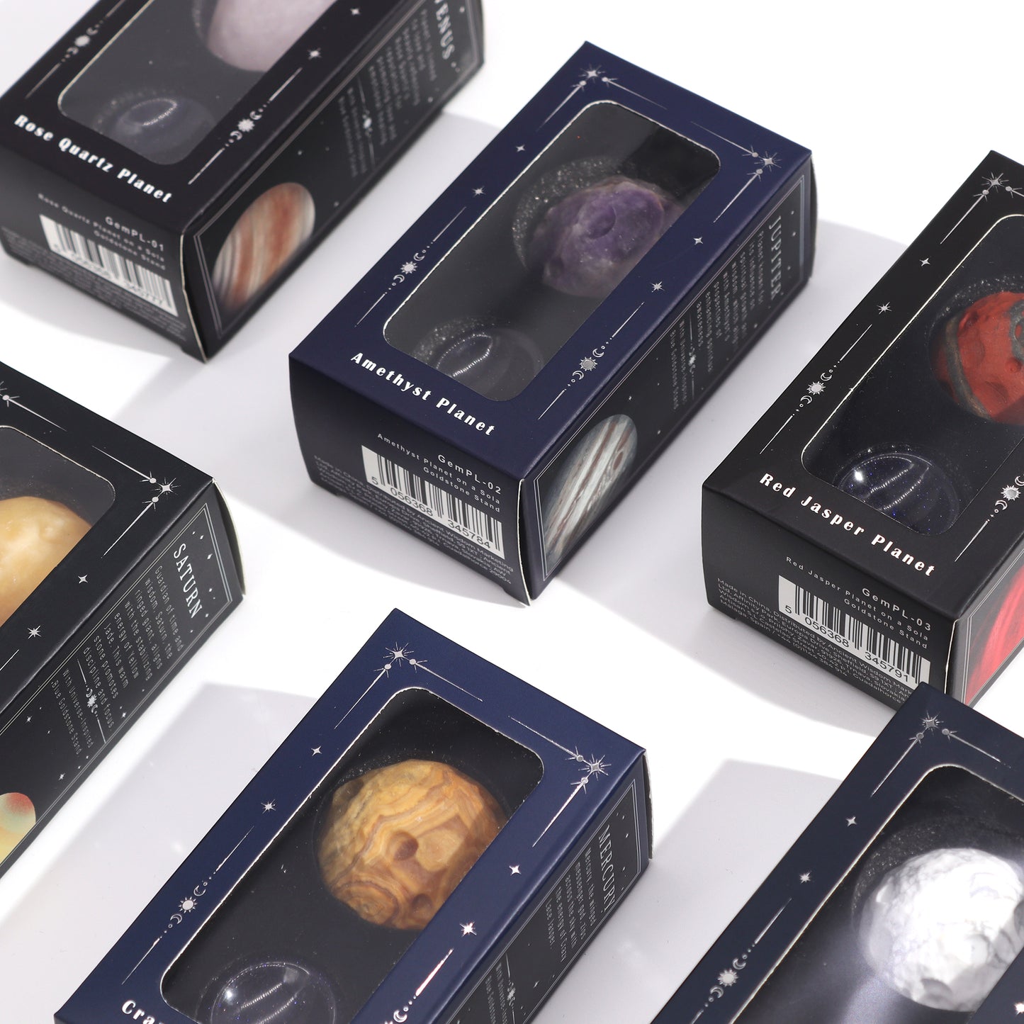 Gemstone Planet Sphere on Solar Blue Goldstone Stand – Mars | Red Jasper