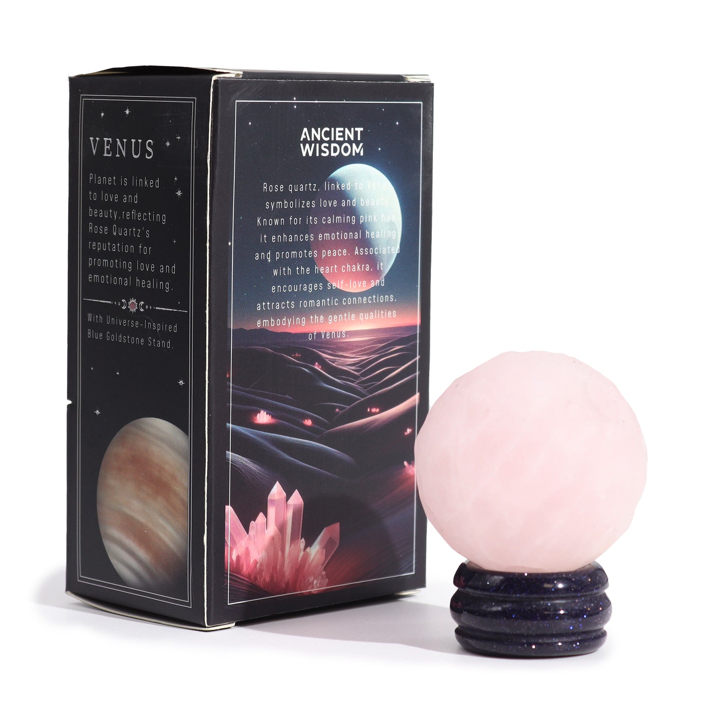 Gemstone Planet Sphere on Solar Goldstone Stand – Venus | Rose Quartz