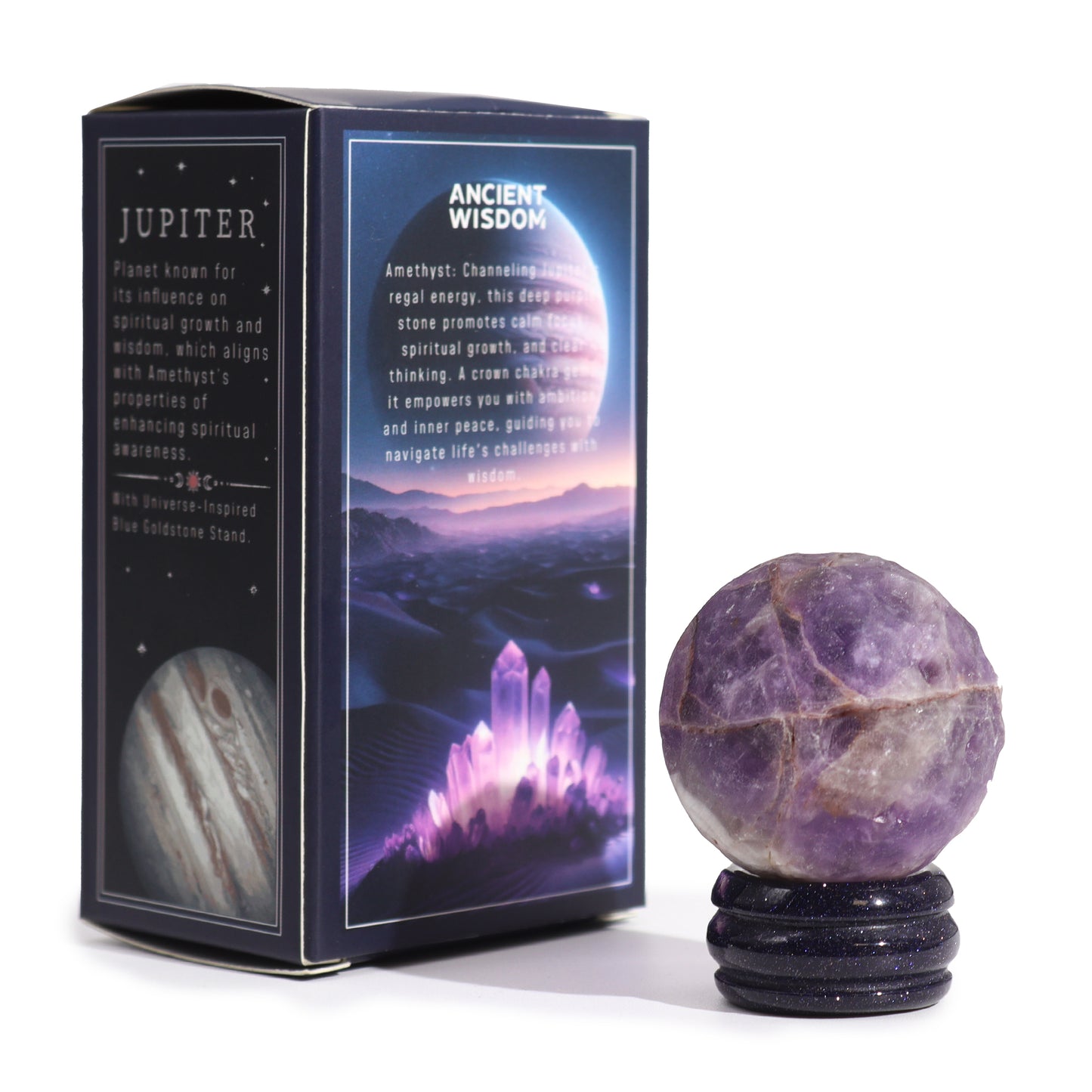 Gemstone Planet Sphere on Solar Blue Goldstone Stand – Jupiter | Amethyst