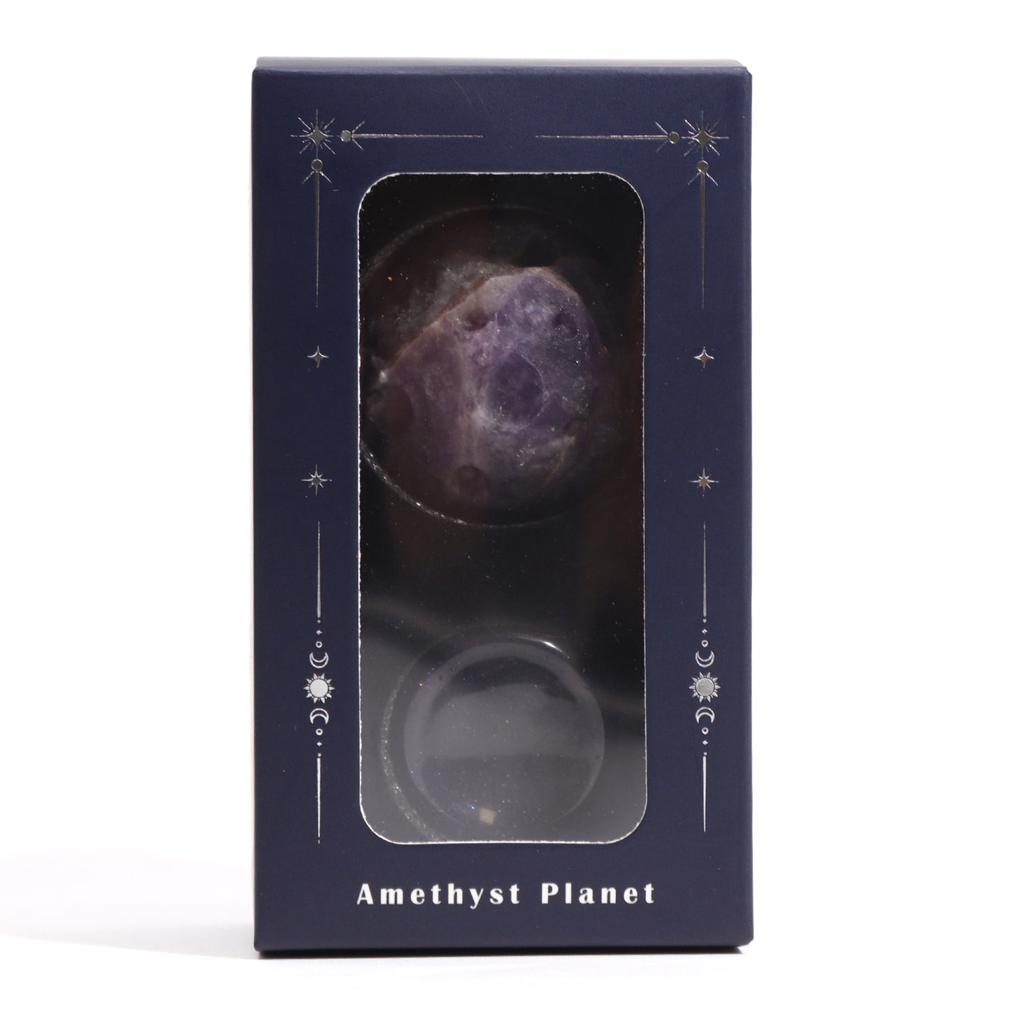 Gemstone Planet Sphere on Solar Blue Goldstone Stand – Jupiter | Amethyst