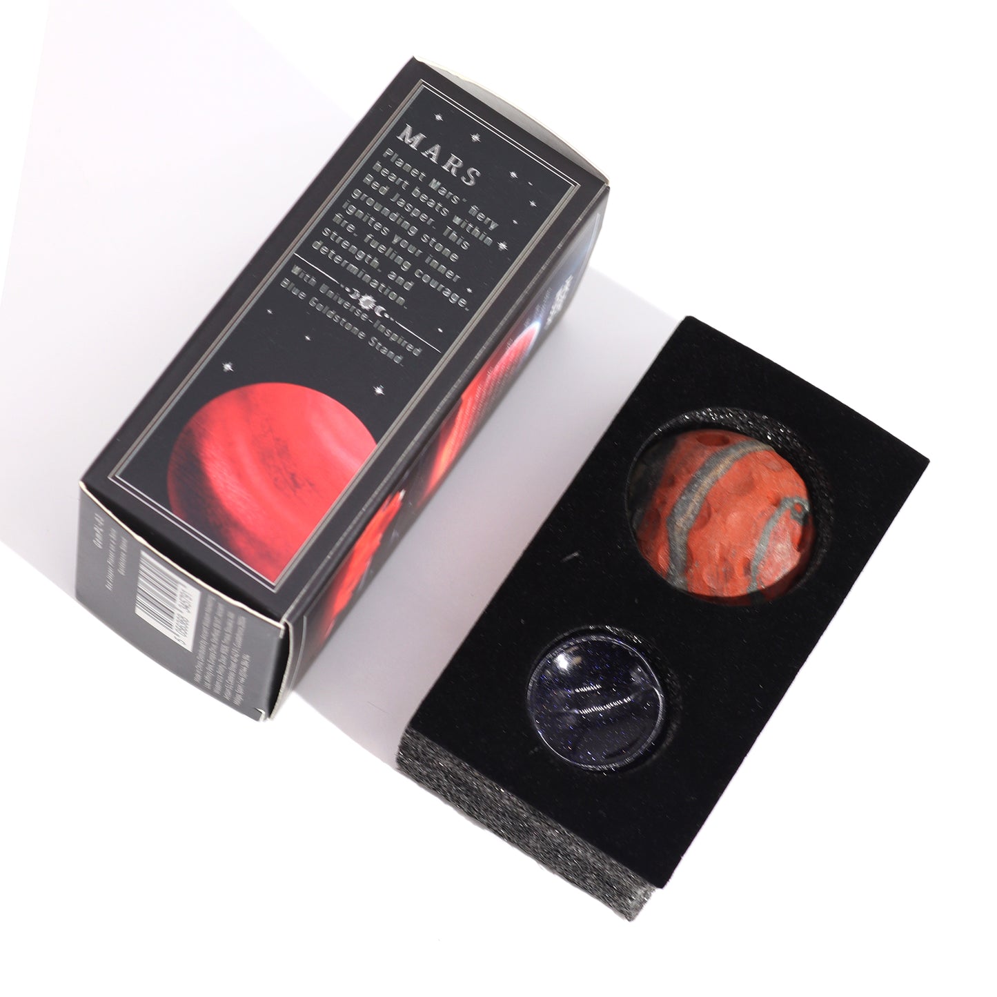 Gemstone Planet Sphere on Solar Blue Goldstone Stand – Mars | Red Jasper