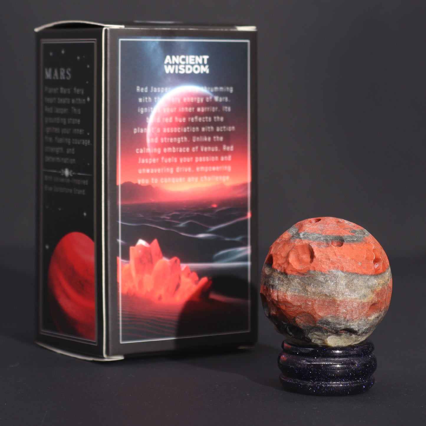 Gemstone Planet Sphere on Solar Blue Goldstone Stand – Mars | Red Jasper