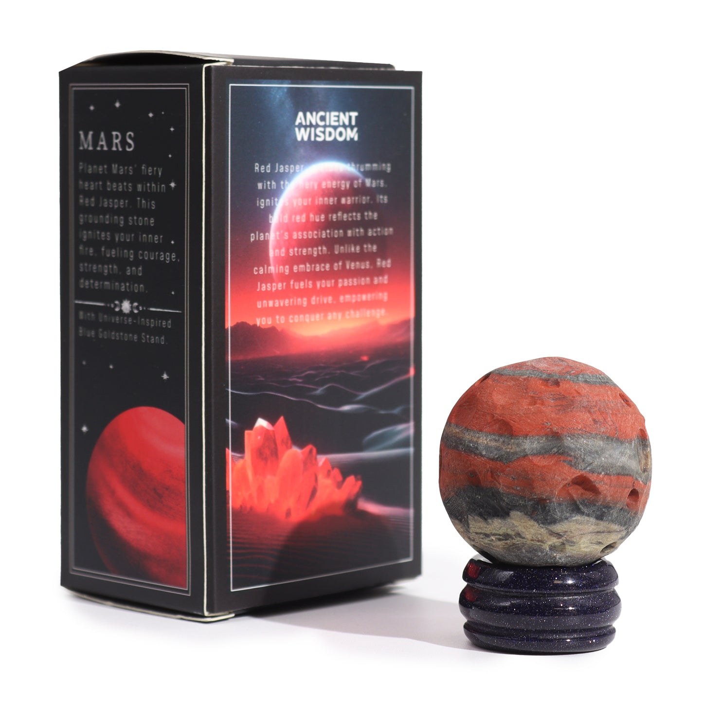 Gemstone Planet Sphere on Solar Blue Goldstone Stand – Mars | Red Jasper