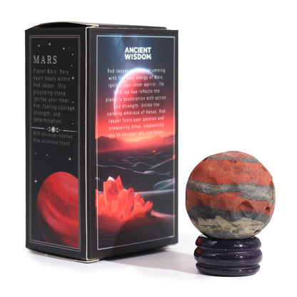 Gemstone Planet Sphere on Solar Blue Goldstone Stand – Mars | Red Jasper