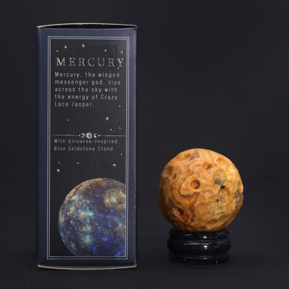 Gemstone Planet Sphere on Solar Blue Goldstone Stand – Mercury | Crazy Lace Jasper