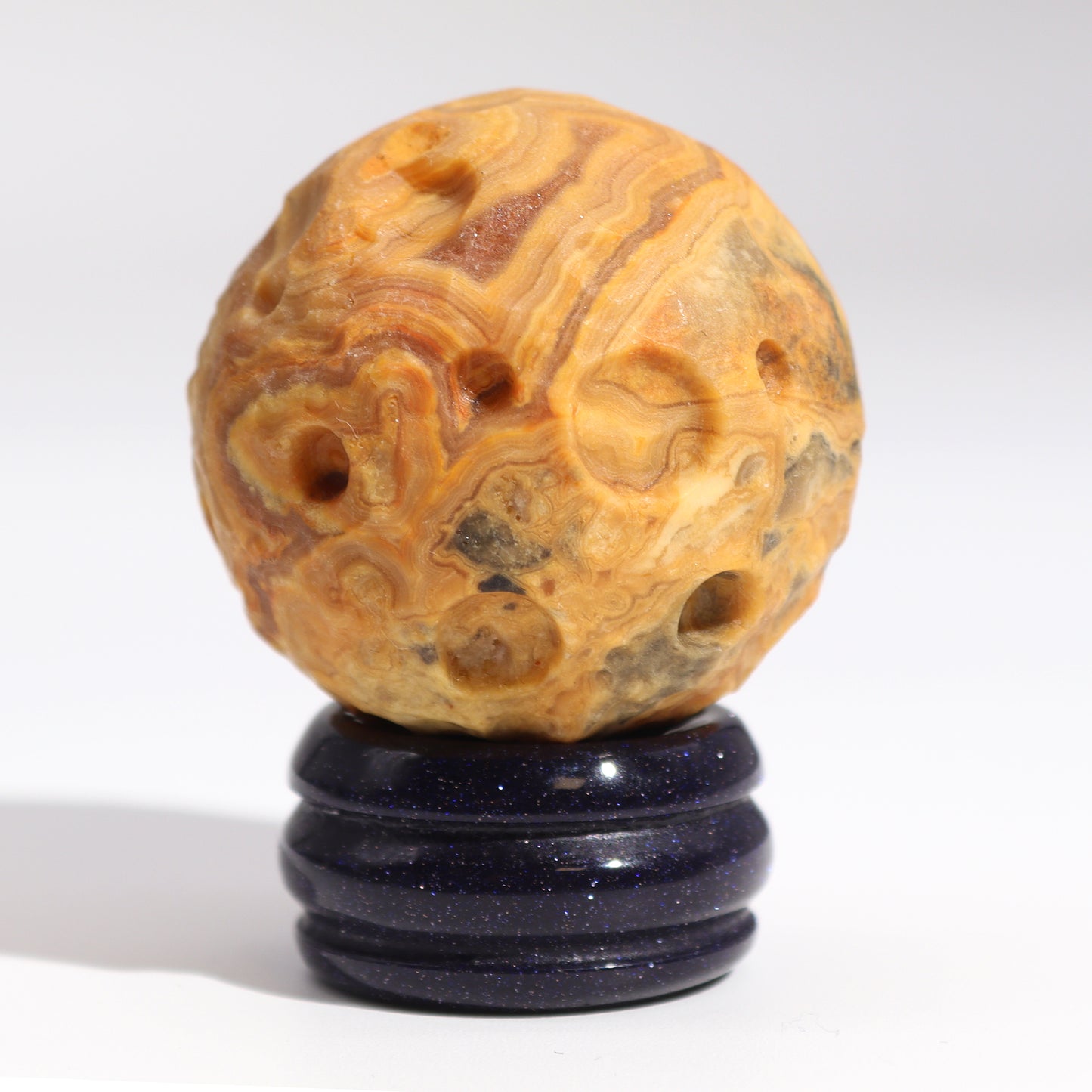 Gemstone Planet Sphere on Solar Blue Goldstone Stand – Mercury | Crazy Lace Jasper