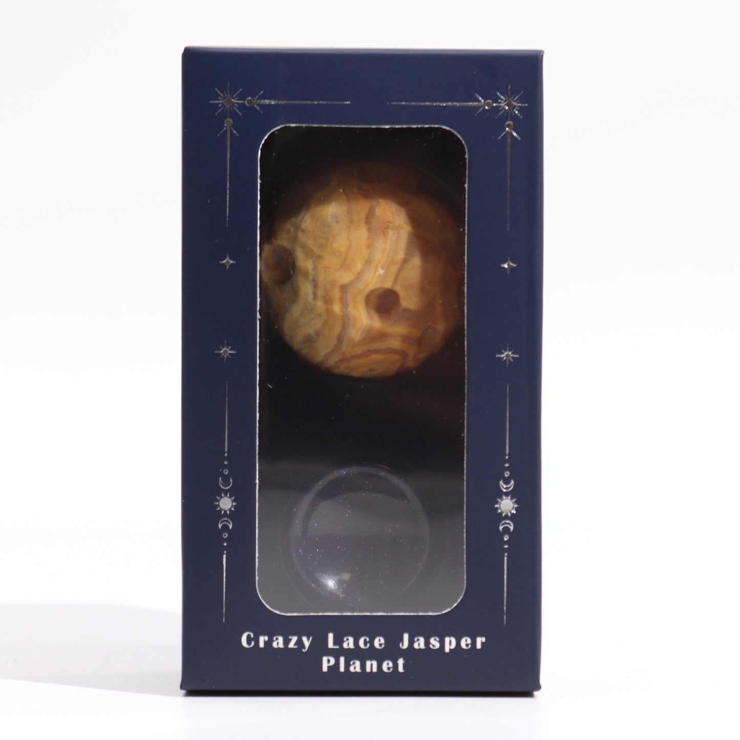 Gemstone Planet Sphere on Solar Blue Goldstone Stand – Mercury | Crazy Lace Jasper