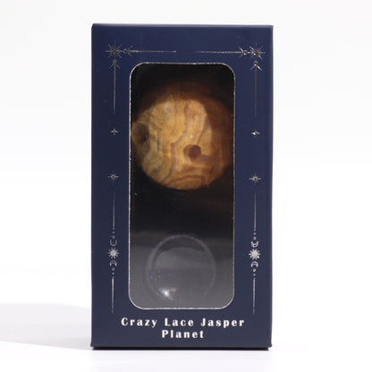 Gemstone Planet Sphere on Solar Blue Goldstone Stand – Mercury | Crazy Lace Jasper