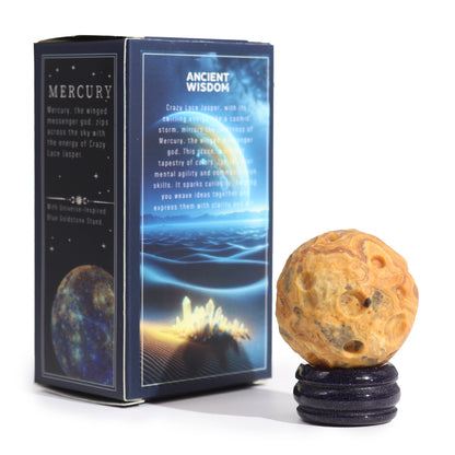 Gemstone Planet Sphere on Solar Blue Goldstone Stand – Mercury | Crazy Lace Jasper