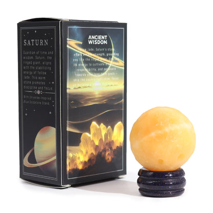 Gemstone Planet Sphere on Solar Blue Goldstone Stand – Saturn | Yellow Jade