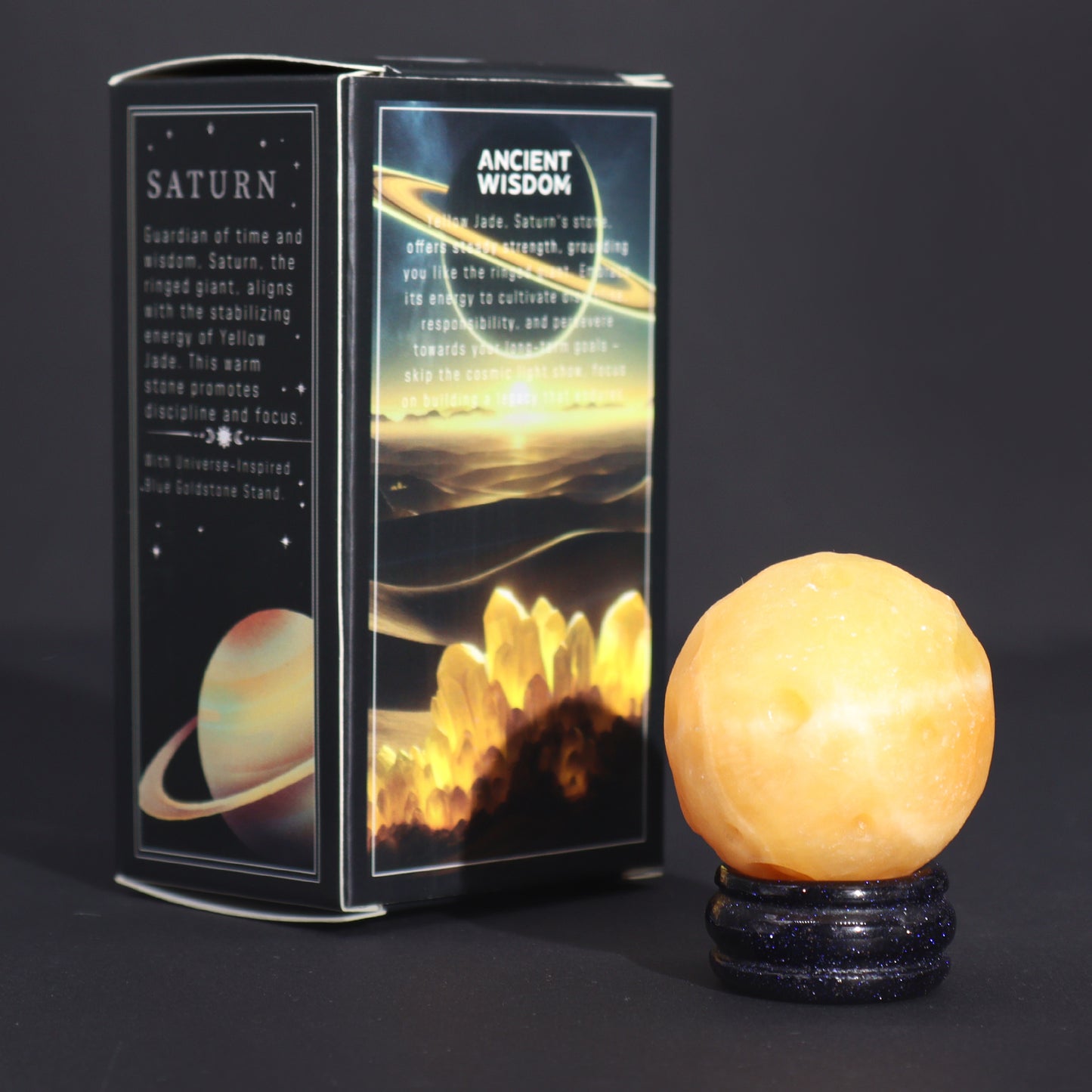 Gemstone Planet Sphere on Solar Blue Goldstone Stand – Saturn | Yellow Jade