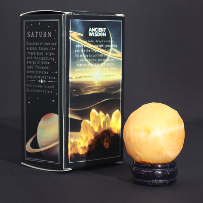 Gemstone Planet Sphere on Solar Blue Goldstone Stand – Saturn | Yellow Jade