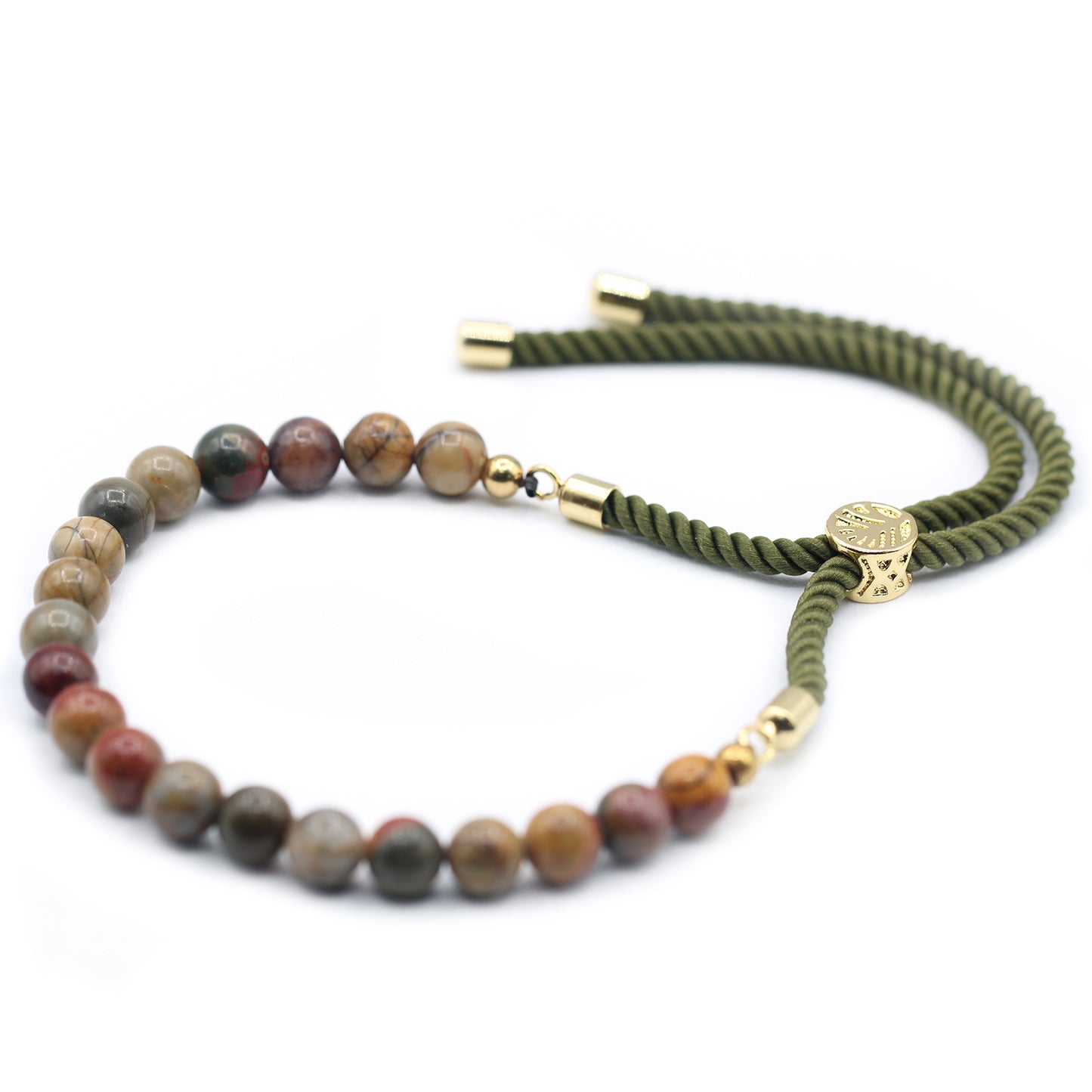 String Gemstone Bracelet – Picasso Jasper | Green Rope with 18K Golden-Plated Sliding Toggle