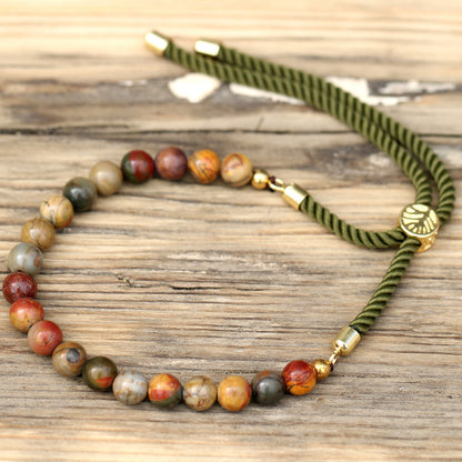 String Gemstone Bracelet – Picasso Jasper | Green Rope with 18K Golden-Plated Sliding Toggle