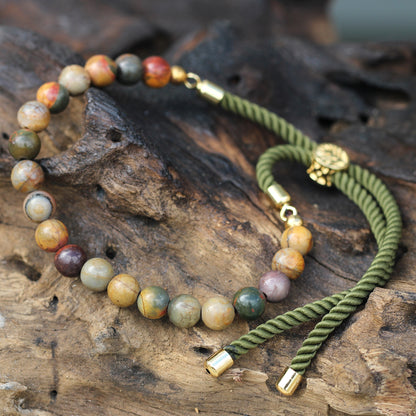 String Gemstone Bracelet – Picasso Jasper | Green Rope with 18K Golden-Plated Sliding Toggle