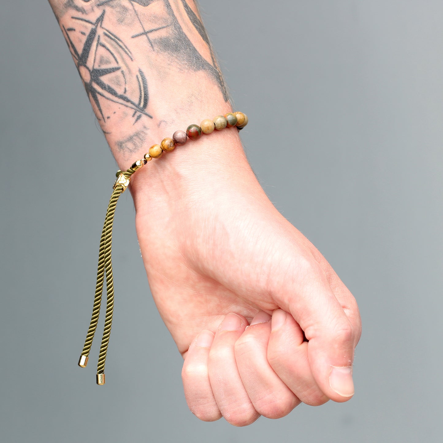 String Gemstone Bracelet – Picasso Jasper | Green Rope with 18K Golden-Plated Sliding Toggle