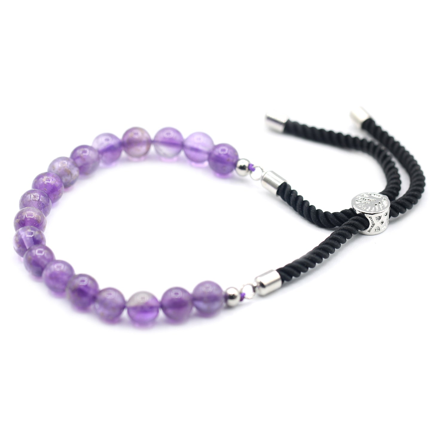 String Gemstone Bracelet – Amethyst | Black Rope with 925 Silver-Plated Sliding Toggle
