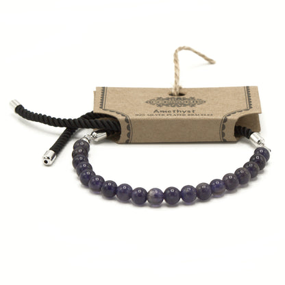 String Gemstone Bracelet – Amethyst | Black Rope with 925 Silver-Plated Sliding Toggle