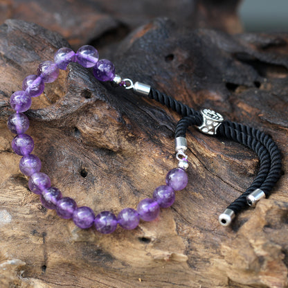 String Gemstone Bracelet – Amethyst | Black Rope with 925 Silver-Plated Sliding Toggle