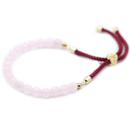 String Gemstone Bracelet – Rose Quartz | Bordeaux Rope with 18K Golden-Plated Sliding Toggle