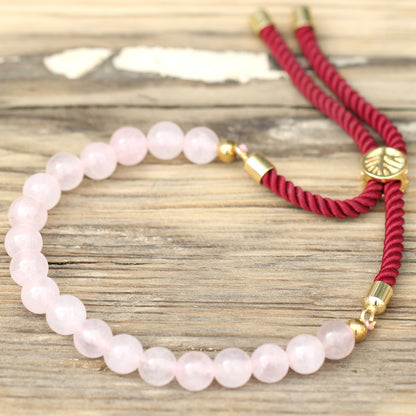 String Gemstone Bracelet – Rose Quartz | Bordeaux Rope with 18K Golden-Plated Sliding Toggle
