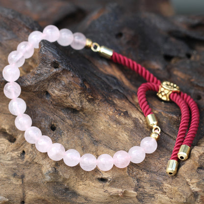 String Gemstone Bracelet – Rose Quartz | Bordeaux Rope with 18K Golden-Plated Sliding Toggle